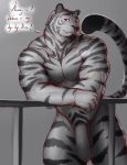  2019 abs anthro arm_support balls biceps big_penis dialogue english_text facial_hair felid flaccid fur hi_res lionkinen male mammal monochrome muscular muscular_male nude pantherine pecs penis pinup portrait pose quads solo standing text three-quarter_portrait tiger triceps 