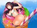 1girl amane_(amane05lemon) ass bikini black_hair black_legwear blush breasts cocktail cocktail_glass commentary_request cup drinking_glass food fruit gradient gradient_background hair_between_eyes hair_ribbon highres isokaze_(kantai_collection) kantai_collection long_hair looking_at_viewer micro_bikini nipples purple_eyes ribbon smile solo swimsuit thighhighs tongue tongue_out tress_ribbon 