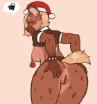  2019 absurd_res anthro anus areola big_breasts big_butt biped blush bottomless breasts butt canid canine christmas claws clothed clothing collar curvy_figure embarrassed fangs female fur green_eyes hat headgear headwear hi_res holidays humanoid_hands hyaenid looking_at_viewer looking_back mammal mostly_nude nipple_piercing nipples piercing presenting presenting_hindquarters pussy reccand santa_hat shirt simple_background solo speech_bubble spiked_collar spikes spotted_hyena standing thick_thighs topwear wide_hips 