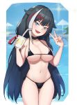  1girl absurdres ass_visible_through_thighs azur_lane bangs bikini black_choker black_hair blue_eyes blue_sky blunt_bangs blurry blurry_background border breasts cameltoe choker covered_nipples cowboy_shot cup deutschland_(azur_lane) disposable_cup drinking_straw fang hair_flaps hair_ribbon hands_up highres holding holding_cup kkusak_(kkusag_ks) large_breasts legs_together long_hair looking_at_viewer micro_bikini multicolored_hair navel open_mouth outdoors red_hair red_ribbon ribbon shiny shiny_hair shiny_skin side-tie_bikini skin_fang skindentation sky smile solo standing strap_gap streaked_hair string_bikini swimsuit thigh_gap thighs underboob v very_long_hair water water_drop wet wet_hair white_border white_hair 