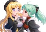  2girls ahoge bangs battle_girl_high_school beret black_bow black_capelet black_headwear black_jacket blonde_hair bow breasts capelet commentary_request eating eyebrows_visible_through_hair food fur-trimmed_capelet fur_trim green_hair hair_bow hat holding holding_food jacket kiyosato0928 long_hair multiple_girls open_clothes open_jacket ponytail purple_eyes red_eyes ringlets sadone sendouin_kaede shirt simple_background small_breasts striped striped_bow taiyaki upper_body very_long_hair wagashi white_background white_shirt 
