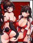  2girls absurdres animal_ears ass atago_(azur_lane) azur_lane bangs bikini black_choker black_gloves black_hair black_legwear blush bow breasts brown_eyes chickenvomit choker cleavage collarbone covered_nipples elbow_gloves extra_ears eyebrows_visible_through_hair from_behind garter_belt gloves hair_bow hair_flaps highres huge_filesize large_breasts long_hair looking_at_viewer mole mole_under_eye multiple_girls open_mouth ponytail red_bikini red_bow red_gloves swept_bangs swimsuit takao_(azur_lane) thighhighs very_long_hair 