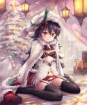  &gt;:) 1girl bangs bell black_hair black_legwear boots boots_removed breasts christmas christmas_ornaments christmas_tree cloak closed_mouth commentary_request dress eyebrows_visible_through_hair footwear_removed full_body fur-trimmed_boots fur-trimmed_cloak fur-trimmed_hat fur-trimmed_sleeves fur_trim gloves hair_between_eyes hair_ornament hat ilya_ornstein lantern long_hair long_sleeves no_shoes ouka_(ra-raradan) princess_connect! princess_connect!_re:dive red_eyes red_footwear red_gloves santa_hat sitting small_breasts smile solo thighhighs v-shaped_eyebrows very_long_hair wariza white_cloak white_dress white_headwear 