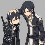  2boys age_comparison annoyed black_eyes black_hair closed_eyes dual_persona highres kirito male_focus multiple_boys older petting pout short_hair simple_background smile speech_bubble spoken_squiggle squiggle suzu. sword sword_art_online time_paradox upper_body weapon 