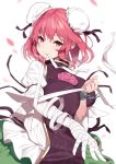  1girl bandaged_arm bandages blurry blurry_background bun_cover chain chinese_clothes cuffs double_bun flower highres ibaraki_kasen looking_at_viewer mouth_hold petals pink_flower pink_hair pink_rose red_eyes rose shackles short_hair simple_background tabard touhou upper_body yappen 