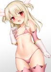  1girl bare_shoulders bikini black_legwear blonde_hair blush breasts commentary_request elbow_gloves eyebrows_visible_through_hair fate/grand_order fate/kaleid_liner_prisma_illya fate_(series) gloves hair_between_eyes hair_ornament illyasviel_von_einzbern long_hair looking_at_viewer micro_bikini navel open_mouth pink_bikini pink_legwear pink_sleeves red_eyes small_breasts solo swimsuit thighhighs toshishikisai two_side_up white_gloves 