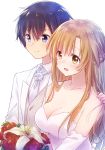  1boy 1girl absurdres asuna_(sao) bangs bare_shoulders black_eyes black_hair blush breasts brown_hair cleavage collarbone commentary_request dress eyebrows_visible_through_hair flower formal hair_between_eyes highres holding holding_flower kirito large_breasts long_hair nyaa_(nnekoron) open_mouth red_flower short_hair simple_background sleeveless sleeveless_dress smile strapless strapless_dress suit sword_art_online wedding_dress white_background white_flower white_suit 