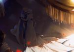  2girls ahoge artoria_pendragon_(all) artoria_pendragon_(lancer) bare_shoulders blonde_hair braid cape chandelier closed_eyes commentary dancing dress fate/grand_order fate_(series) french_braid gown hair_between_eyes hand_on_another&#039;s_back highres morgan_le_fay_(fate) multicolored_hair multiple_girls petals rose_petals strapless strapless_dress thighhighs white_cape yorukun 
