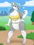  2019 5_fingers absurd_res anthro bedroom_eyes big_breasts black_nose blue_eyes blue_hair blue_lips breasts bunnykisses canid canine canis clothing cloud detailed_background diaper domestic_dog eyelashes eyewear female fingers fur glasses grass grey_body grey_fur hair hi_res husky lips looking_at_viewer mammal multicolored_body multicolored_fur muzzle_scabs narrowed_eyes navel nintendo nordic_sled_dog outside pok&eacute;ball pok&eacute;mon seductive sky slightly_chubby solo spitz standing star topwear tree video_games white_body white_fur 