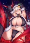  1girl alternate_costume artoria_pendragon_(all) artoria_pendragon_(lancer_alter) bikini black_gloves black_legwear black_santa_costume blonde_hair breasts christmas elbow_gloves fate/grand_order fate_(series) front-tie_bikini front-tie_top fur-trimmed_gloves fur-trimmed_legwear fur_trim gloves highres hirasawa_seiji huge_breasts navel one_eye_closed santa_bikini santa_costume side-tie_bikini sidelocks solo swimsuit thighhighs yellow_eyes 