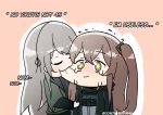  00nowhereman 2girls biting black_jacket brown_hair cheek_biting closed_eyes closed_mouth crying english_commentary english_text girls_frontline grey_hair jacket long_hair long_sleeves multiple_girls one_side_up simple_background twitter_username ump40_(girls_frontline) ump45_(girls_frontline) yellow_eyes 