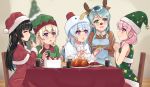  5girls :o ^_^ animal_costume animal_ears antlers apron aqua_hair bang_dream! bangs bell black_hair blonde_hair blue_apron blue_hair brown_gloves cake capelet chair chicken_(food) chicken_hat christmas christmas_tree_costume clenched_hands closed_eyes commentary_request costume cup dress drinking_glass elf_hat far_is_a food fur-trimmed_capelet fur-trimmed_sleeves fur_trim gloves green_eyes green_headwear half_updo hands_together hat highres hikawa_sayo holding holding_cup holding_plate jingle_bell long_hair long_sleeves looking_at_another maruyama_aya matsubara_kanon multiple_girls neck_bell pink_eyes pink_hair plate pom_pom_(clothes) purple_eyes red_capelet red_headwear red_nose reindeer_antlers reindeer_costume reindeer_ears santa_dress santa_hat shirasagi_chisato shirokane_rinko sitting sleeveless sleeveless_dress smile star table 