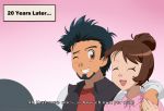  1boy 1girl arm_around_shoulder beard black_hair brown_eyes brown_hair closed_eyes collared_jacket collared_shirt facial_hair hair_bun happy if_they_mated jewelry married older one_eye_closed pink_shirt pokemon pokemon_(anime) pokemon_(game) pokemon_swsh ring sakura_araragi satoshi_(pokemon) scottish_english_text shirt silhouette spiked_hair translated wedding_ring yuuri_(pokemon) 