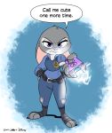  2017 3_toes annoyed anthro belt blue_background border clothed clothing dialogue disney electroshock_weapon english_text female fully_clothed fur grey_body grey_fur head_tuft hi_res holding_object holding_weapon joaoppereiraus judy_hopps lagomorph leporid long_ears mammal police_uniform purple_eyes rabbit signature simple_background solo speech_bubble taser text toes tuft uniform weapon white_border zootopia 