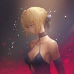  1girl artoria_pendragon_(all) bare_shoulders blonde_hair blue_ribbon braid breasts cleavage elbow_gloves fate/grand_order fate_(series) french_braid from_side gloves hair_ribbon highres medium_breasts neon.p ribbon saber_alter sideboob solo upper_body yellow_eyes 