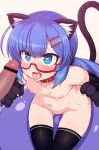  1girl animal_ears bangs bar_censor black_gloves black_legwear blue_eyes blue_hair blush cat_ears cat_tail censored collar elbow_gloves eyebrows_visible_through_hair glasses gloves hair_ornament hairclip highres long_hair nipples nude null_(nyanpyoun) open_mouth otomachi_una penis red-framed_eyewear red_collar semi-rimless_eyewear sitting solo_focus tail thighhighs tongue tongue_out under-rim_eyewear vocaloid 