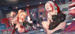  5girls admiral_graf_spee_(azur_lane) admiral_hipper_(azur_lane) alternate_costume azur_lane bike_shorts blonde_hair breasts cannon cleavage collar commentary_request flag hat hato_haru iron_cross long_hair machinery multiple_girls prinz_eugen_(azur_lane) screwdriver shorts sitting sparks u-47_(azur_lane) u-81_(azur_lane) 