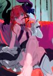  1girl blood blood_in_mouth blue_eyes bob_(biyonbiyon) boots breasts chain crossed_legs elizabeth_bathory_(fate) elizabeth_bathory_(fate)_(all) fate/extra fate/extra_ccc fate_(series) finger_licking highres horns licking pink_hair single_boot sitting small_breasts tongue tongue_out 