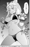  1girl angry ass_visible_through_thighs bikini breasts claws cleavage clenched_teeth cowboy_shot gloves greyscale hair_flaps hair_ornament hair_ribbon hairclip kantai_collection large_breasts long_hair monochrome nanashiki_fuuka paw_gloves paw_pose paws remodel_(kantai_collection) ribbon side-tie_bikini solo standing swimsuit tail teeth wolf_hood wolf_tail yuudachi_(kantai_collection) 