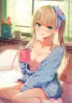  1girl :o bangs blonde_hair blue_bow blue_hairband blue_robe blush bow breasts camisole cleavage commentary cup earrings eyebrows_visible_through_hair flower green_eyes hair_bow hairband hand_up highres holding holding_cup indoors jewelry long_hair looking_at_viewer medium_breasts mug necklace no_shoes open_mouth original pink_legwear plant potted_plant red_flower robe shinoba sidelocks sitting solo spaghetti_strap steam striped striped_legwear thighs window yokozuwari 