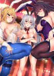  3girls ahoge animal_ears artoria_pendragon_(all) bangs bare_legs bare_shoulders black_leotard blonde_hair blue_legwear blush braid breasts bunny_ears bunnysuit center_opening cleavage clenched_teeth collarbone commentary_request crossed_arms detached_collar embarrassed fake_animal_ears fate/grand_order fate_(series) fishnet_legwear fishnets garter_straps green_eyes hair_between_eyes hair_intakes hand_on_own_thigh highres jeanne_d&#039;arc_(alter)_(fate) jeanne_d&#039;arc_(fate)_(all) jewelry kawai large_breasts legs lens_flare leotard long_hair multiple_girls navel necklace nipples pantyhose parted_lips purple_eyes purple_legwear purple_leotard red_eyes red_neckwear scathach_(fate)_(all) scathach_(fate/grand_order) silver_hair skindentation strapless strapless_leotard teeth thigh_strap very_long_hair white_leotard wrist_cuffs yellow_eyes 