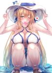  1girl absurdres adjusting_clothes adjusting_hat bikini blonde_hair breasts condom condom_in_mouth condom_wrapper flower girls_frontline green_eyes hat hat_flower hat_ribbon heart highres knees_up large_breasts m1903_springfield_(girls_frontline) martinreaction mouth_hold o-ring o-ring_bikini one_eye_closed panties pantyshot ribbon sandals simple_background smile speech_bubble squatting swimsuit teeth thighs underwear white_background white_bikini white_headwear 