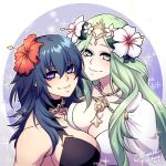  2girls bikini blue_eyes blush breast_press breasts byleth_(fire_emblem) byleth_(fire_emblem)_(female) cleavage closed_mouth copyright_name crescentia fire_emblem fire_emblem:_three_houses flower green_eyes green_hair hair_flower hair_ornament large_breasts long_hair multiple_girls rhea_(fire_emblem) simple_background smile swimsuit symmetrical_docking tiara 