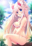  1girl :d absurdres animal_ear_fluff animal_ears bangs bare_legs bare_shoulders between_legs bikini blue_eyes blue_sky blurry blurry_background bow bow_bikini braid breasts brown_hair cat_ears cleavage commentary_request day fang frilled_bikini frills hair_ornament hair_ribbon hand_between_legs highres ko_yu leaf light_particles long_hair looking_at_viewer medium_breasts open_mouth original outdoors pink_bikini ribbon sidelocks sitting sky smile sun swimsuit thighs tree 