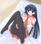  bed black_legwear blue_eyes blue_hair blush feet kusakabe_yuuki_(to_heart_2) long_hair lying minami_buchi panties panties_under_pantyhose pantyhose pantyshot pantyshot_(lying) pillow school_uniform solo thighband_pantyhose to_heart_2 underwear 