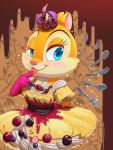  anthro armwear blue_eyes blush candy cherry chocolate clarice_(disney) clothed clothing disney dress elbow_gloves eyelashes female finger_lick food fruit fur gloves handwear kitchen_utensils licking looking_at_viewer plant strawberry tan_body tan_fur tongue tongue_out tools 