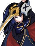  1girl armor arms_up blue_bodysuit blue_cape blue_eyes blue_hair blue_shirt bodysuit breasts cape chorogon closed_mouth commentary_request dutch_angle eyelashes falchion_(fire_emblem) fingerless_gloves fire_emblem fire_emblem_awakening gloves gold_trim hair_between_eyes highres holding holding_weapon long_sleeves looking_at_viewer lucina_(fire_emblem) medium_hair red_cape shirt shoulder_armor simple_background small_breasts solo sword upper_body weapon white_background wrist_cuffs 
