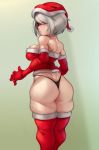  1girl alternate_costume ass back bare_shoulders black_blindfold black_panties blindfold blush breasts christmas covered_eyes elbow_gloves from_behind g-string gloves hat highres kelvin_hiu lips looking_back medium_breasts nier_(series) nier_automata no_hairband no_mole no_pants panties red_gloves red_legwear santa_costume santa_hat short_hair silver_hair skindentation solo strapless thick_thighs thighhighs thighs thong underwear yorha_no._2_type_b 