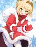  1girl absurdres ahoge blonde_hair bloop blush breasts christmas commentary dress english_commentary fate/extra fate_(series) fur_trim garter_straps green_eyes hair_bun hair_intakes hat highres holding holding_sack huge_ahoge looking_at_viewer medium_breasts mittens nero_claudius_(fate) nero_claudius_(fate)_(all) open_mouth padoru red_dress red_headwear red_mittens sack santa_costume santa_hat short_hair snowflakes solo thighhighs white_legwear 