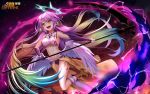  1girl 300_heroes angel_wings breasts bridal_gauntlets crop_top evil_smile feathered_wings gloves gradient_hair halo holding holding_scythe holding_weapon jibril_(no_game_no_life) large_breasts long_hair low_wings magic_circle midriff mismatched_legwear multicolored multicolored_eyes multicolored_hair navel no_game_no_life open_mouth orange_eyes pink_hair scythe sideboob smile solo tattoo very_long_hair weapon white_wings wing_ears wings yellow_eyes yue_xiao_e 