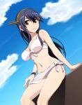  1girl bikini black_hair blue_sky breasts brown_eyes cleavage closed_mouth cloud cloudy_sky commentary_request day dutch_angle front-tie_bikini front-tie_top hair_ornament hairband hairclip haruna_(kantai_collection) head_tilt kantai_collection long_hair looking_at_viewer medium_breasts nanashino navel outdoors sarong sitting sky smile solo swimsuit white_bikini white_sarong yellow_hairband 