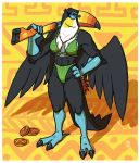  2019 absurd_res anthro avian beak border breasts clothing feathers full-length_portrait green_clothing hand_on_hip hi_res megawolf77 multicolored_beak multicolored_body nintendo orange_beak pok&eacute;mon pok&eacute;mon_(species) portrait pose solo standing toucannon video_games weapon_on_shoulder white_border wings yellow_beak 