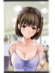  1boy 2girls anegasaki_nene arm_behind_back bangs bare_arms blue_bow blue_tank_top blurry blurry_background blush bow bra_strap breasts brown_eyes brown_hair cleavage collarbone eyebrows_visible_through_hair hair_bow indoors large_breasts looking_at_viewer love_plus medium_hair mole mole_under_eye multiple_girls nannacy7 shop skindentation sleeveless smile tank_top upper_body 