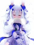  1girl animal_ears azur_lane bangs bare_shoulders blue_bow blue_flower blue_ribbon blush bouquet bow bunny_ears covered_mouth dress flower gloves hair_between_eyes hair_flower hair_ornament hair_ribbon holding holding_bouquet holding_hands laffey_(azur_lane) laffey_(white_rabbit&#039;s_oath)_(azur_lane) long_hair looking_at_viewer nitchi out_of_frame pink_eyes pov pov_hands ribbon sash silver_hair simple_background solo_focus twintails very_long_hair white_background white_dress white_flower white_gloves white_ribbon 