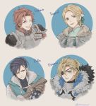  1girl 3boys ;d armor blonde_hair blue_eyes blue_hair brown_eyes dimitri_alexandre_blaiddyd eyepatch felix_hugo_fraldarius fire_emblem fire_emblem:_three_houses frown fur_trim green_eyes hair_ornament half_updo ingrid_brandl_galatea multiple_boys one_eye_closed open_mouth orange_eyes ponytail red_hair short_hair smile sylvain_jose_gautier ususususu 