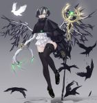  1girl asymmetrical_clothes bird black_hair black_legwear blue_eyes blush claws earrings fang from_below grey_background hair_over_one_eye highres jewelry kasagarasu looking_at_viewer multicolored_hair open_mouth original short_hair solo standing streaked_hair thighhighs wings 