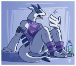  2019 absurd_res anthro arm_support blue_body bodily_fluids border bottle breasts breath clothed clothing collarbone eyes_closed female hi_res legendary_pok&eacute;mon leotard lugia megawolf77 nintendo open_mouth pok&eacute;mon pok&eacute;mon_(species) saliva sitting sweat tongue video_games water white_body white_border 