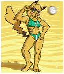  2019 3_toes 4_fingers absurd_res anthro arm_tuft ball border breasts brown_eyes cheek_spots clothing elbow_tufts eyewear female fingers full-length_portrait fur green_clothing hand_on_hip hi_res looking_at_viewer megawolf77 midriff navel nintendo pikachu pok&eacute;mon pok&eacute;mon_(species) portrait pose solo standing sunglasses toes tuft video_games volleyball_(ball) white_border white_clothing yellow_body yellow_fur yellow_tail 