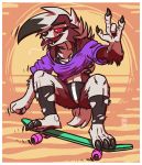  2019 3_toes 4_fingers absurd_res anthro bodily_fluids breasts claws clothing fingers fur hi_res looking_at_viewer lycanroc megawolf77 midnight_lycanroc multicolored_body multicolored_fur nintendo open_mouth pok&eacute;mon pok&eacute;mon_(species) purple_clothing purple_topwear saliva skateboard skateboarding solo toe_claws toes tongue tongue_out topwear video_games 