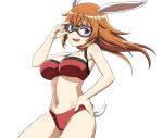  1girl adjusting_goggles animal_ears bangs bikini blue_eyes breasts bunny_ears bunny_tail charlotte_e_yeager commentary cowboy_shot eyebrows_visible_through_hair goggles hand_on_hip large_breasts long_hair looking_at_viewer nanashino navel open_mouth orange_hair red_bikini simple_background smile solo standing strike_witches swimsuit tail white_background wind world_witches_series 