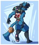  2019 3_toes 4_fingers absurd_res anthro ball basketball_(ball) blue_body blue_fur border butt clothing female fingers full-length_portrait fur hi_res looking_at_viewer lucario megawolf77 nintendo pawpads pink_pawpads pok&eacute;mon pok&eacute;mon_(species) portrait red_clothing red_topwear smile soles solo toes topwear video_games white_border white_clothing white_topwear 