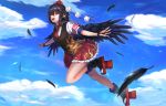 1girl :d armband bangs bare_legs black_gloves black_hair black_legwear black_vest blue_sky breasts bridal_gauntlets cloud commentary_request day feathers full_body geta gloves hair_between_eyes hat looking_at_viewer miniskirt necktie open_mouth outdoors outstretched_arms petticoat pointy_ears pom_pom_(clothes) re_(re_09) red_eyes red_neckwear red_skirt shameimaru_aya shirt short_hair short_sleeves sidelocks skirt sky small_breasts smile solo tassel tengu-geta thighs tokin_hat touhou vest white_shirt 