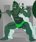  2018 5_fingers 5_toes anthro aruk big_muscles bodily_fluids body_hair bottomwear bulge canid canine canis chest_hair clothing duke_(nightterror) duo ear_piercing ear_ring exercise facial_piercing fingers fur green_body green_skin hairy hi_res humanoid male male/male mammal muscular muscular_male nightterror nose_piercing nose_ring orc orc_humanoid pawpads piercing plantigrade restricted_palette shirt shorts sweat tank_top tattoo text toes topwear veiny_muscles weightlifting white_body white_fur wolf workout 
