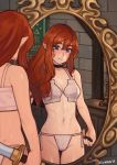  1girl absurdres blue_eyes blush bra choker closed_mouth elf highres holding holding_weapon indoors long_hair looking_at_viewer mirror navel original panties pointy_ears red_hair reflection side-tie_panties smile solo sunna_(nilsunna) underwear underwear_only weapon white_bra white_panties 