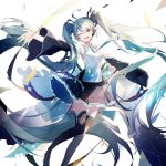  1girl absurdly_long_hair ahoge amatsukiryoyu aqua_eyes aqua_hair aqua_neckwear bare_shoulders black_legwear black_skirt black_sleeves commentary confetti detached_sleeves feet_out_of_frame frilled_skirt frills hair_ornament hatsune_miku hatsune_miku_(vocaloid4)_(chinese) headphones headset long_hair looking_at_viewer necktie one_eye_closed open_mouth outstretched_arms outstretched_hand ribbon shirt sidelighting skirt sleeveless sleeveless_shirt smile solo standing thighhighs twintails very_long_hair vocaloid white_background white_shirt zettai_ryouiki 