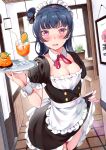  1girl :0 apron bangs black_legwear blue_hair blunt_bangs blush breasts cake cleavage curtains dark_blue_hair detached_collar drinking_straw embarrassed flower_pot food frill_trim headdress ice indoors looking_at_viewer love_live! love_live!_sunshine!! maid_apron maid_dress maid_headdress open_mouth panties photo_(object) picture_(object) picture_frame pink_neckwear pink_panties red_eyes short_sleeves side_bun skirt skirt_lift small_breasts solo sweatdrop thighhighs tipii tray tropical_drink tsushima_yoshiko underwear window wrist_cuffs 